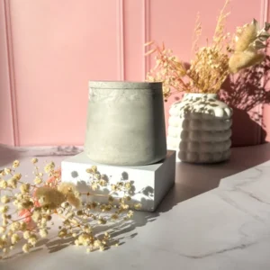 Boîte décorative fermée en Jesmonite grise brute, finition mate et forme cylindrique minimaliste, création artisanale Lez'arômes de Sandrine, mise en scène sur socle blanc avec fleurs séchées.