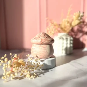 Boîte décorative en Jesmonite marbrée rose en forme de champignon, avec chapeau texturé et base arrondie, création artisanale Lez'arômes de Sandrine, exposée sur socle blanc avec fond rose.
